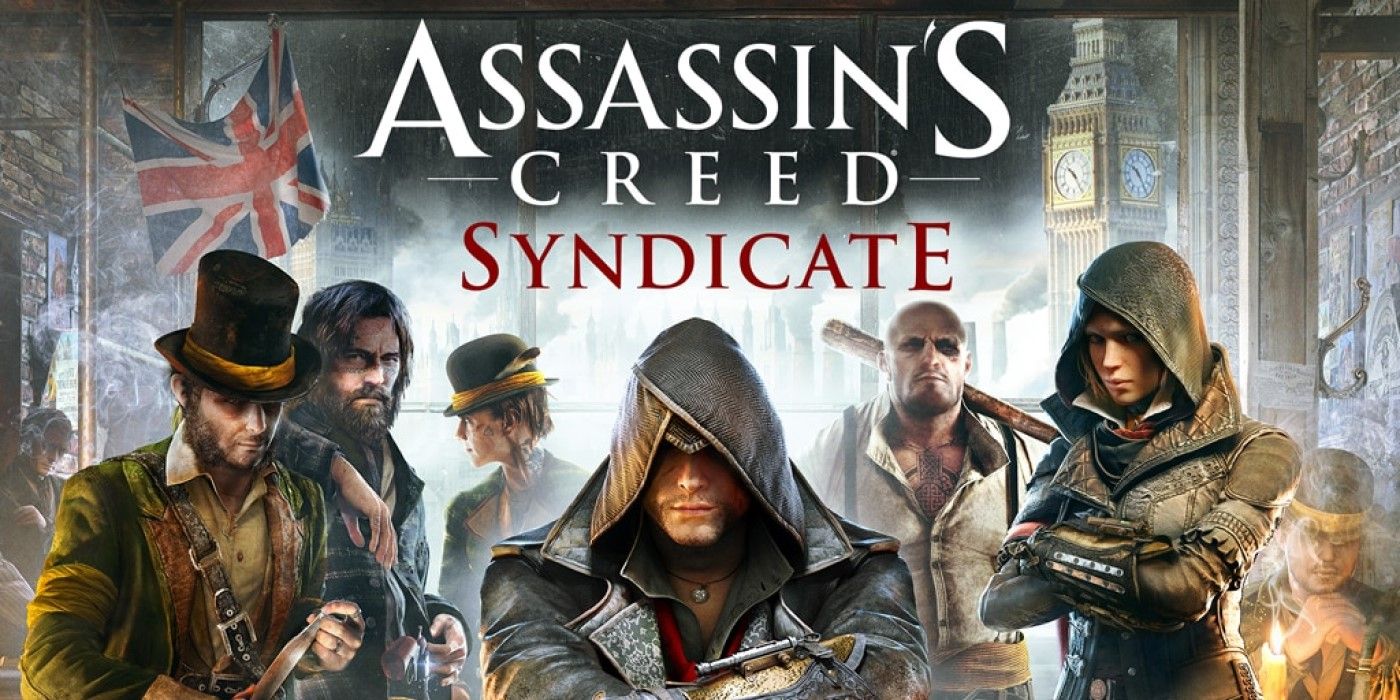 Cover of Assassin's Creed Syndicate showing a variety of characters in front of London landmarks.