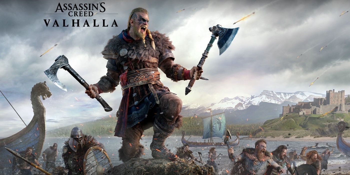 Cover of Assassin's Creed Valhalla showing Eivor wielding two axes in the midst of battle.