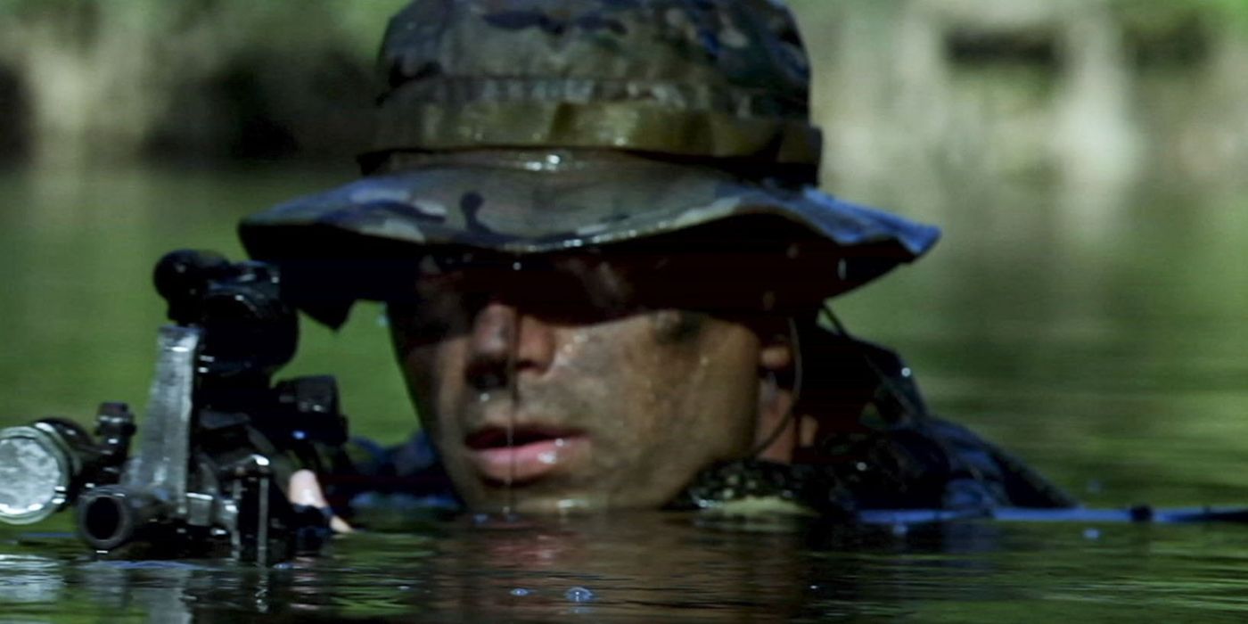 A Navy SEAL emerging from the water in Act of Valor