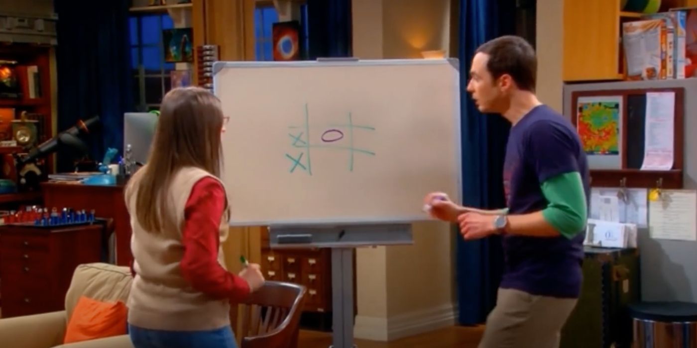 Amy and Sheldon play noughts and crosses in The Big Bang Theory