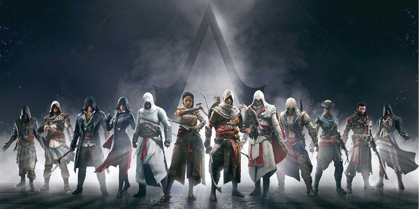 Assassin's Creed Protagonists lined up side by side with the series' logo behind them