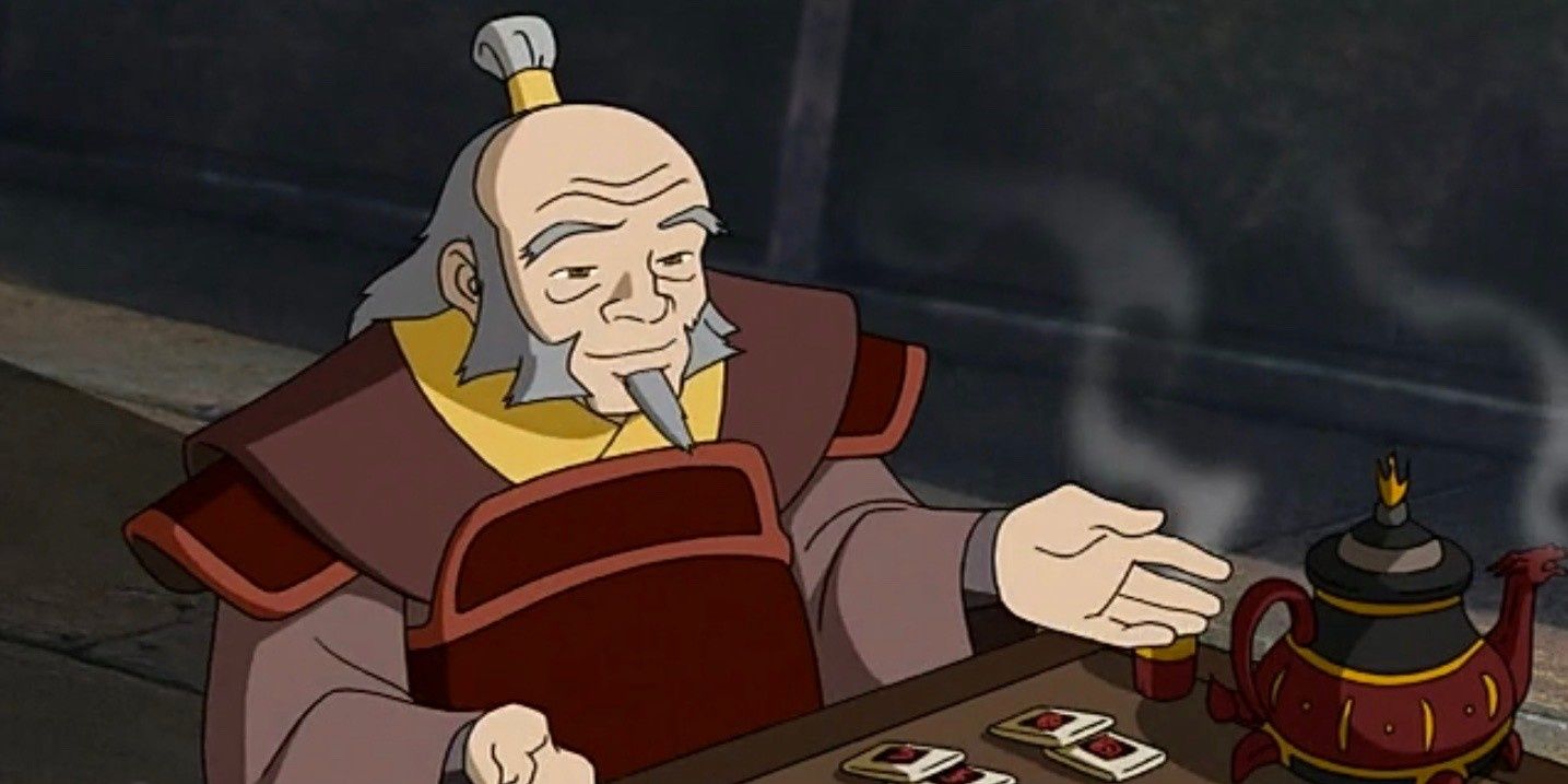 Iroh jogando um jogo com um pote de chá na frente dele em Avatar: The Last Airbender