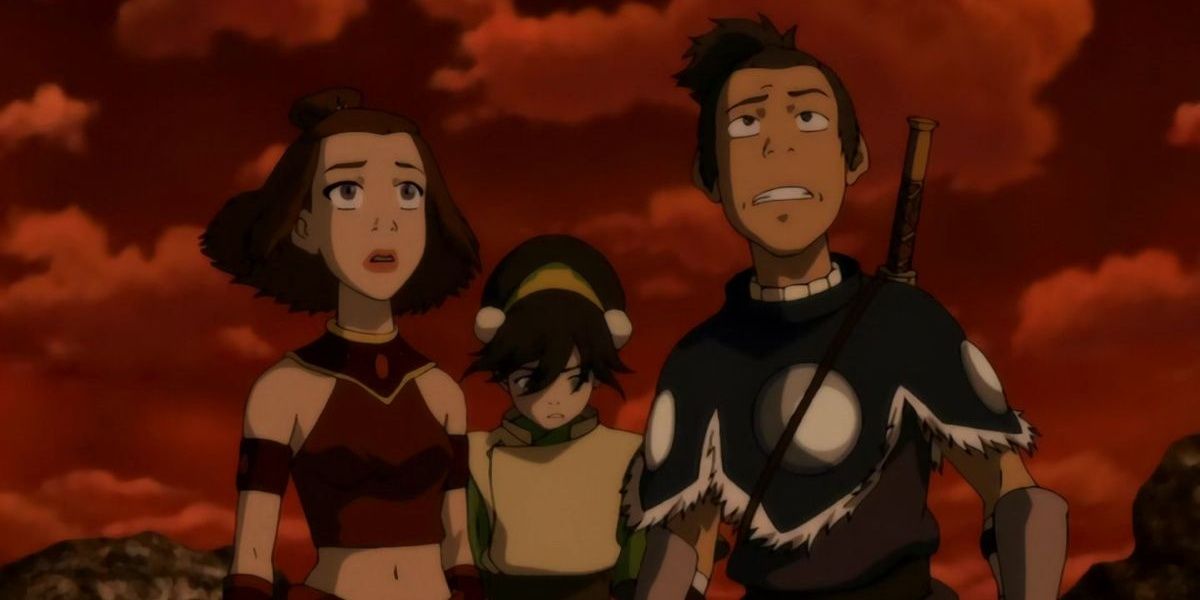 Sokka, Toph, and a girl looking up in shock in Avatar: The Last Airbender.