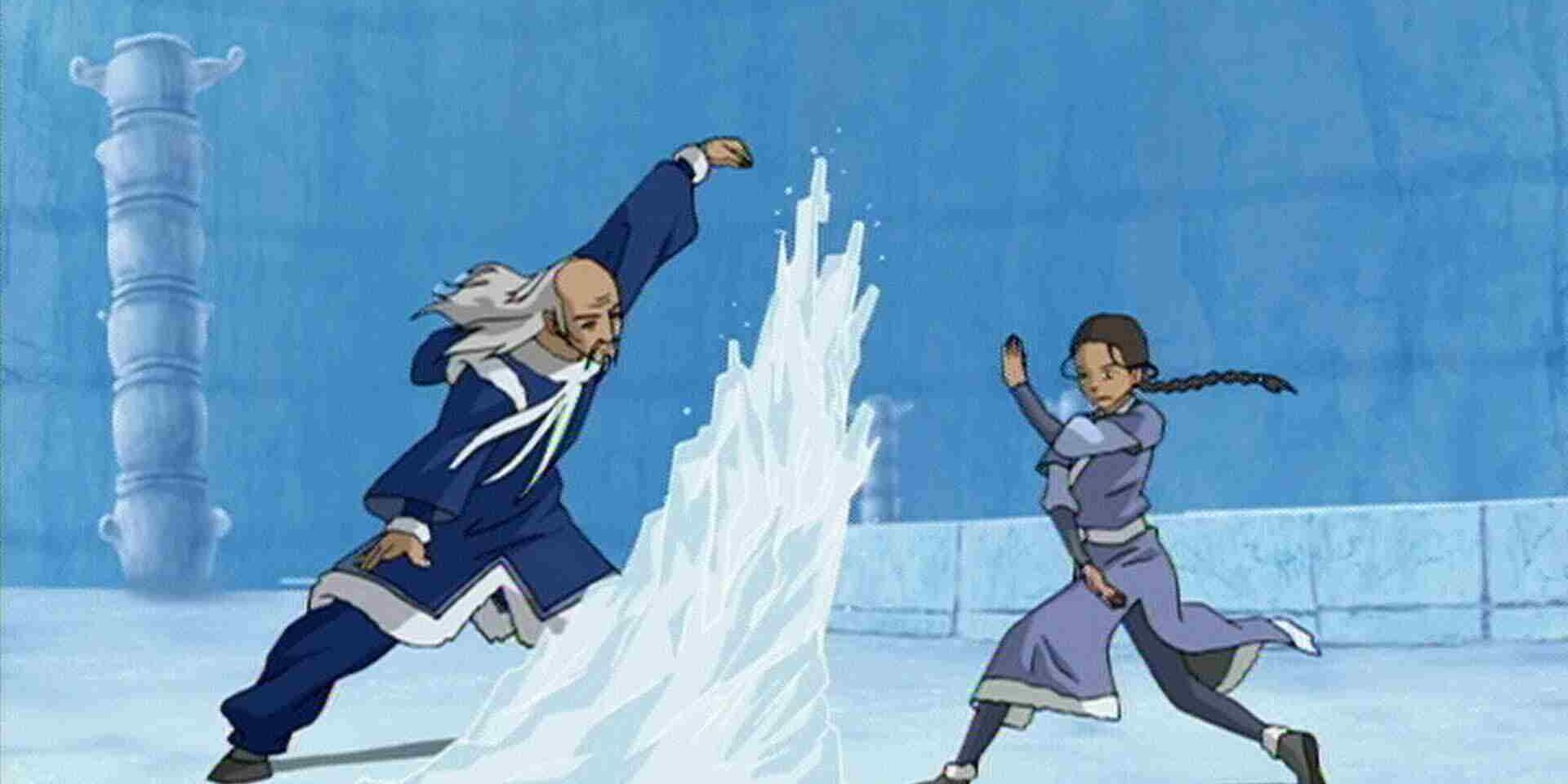 Katara and another man waterbending in Avatar The Last Airbender