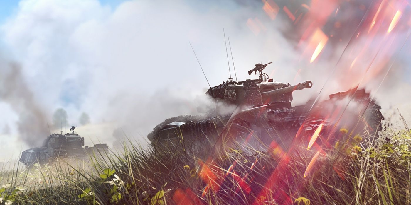 A tank moves through a field in Battlefield 5