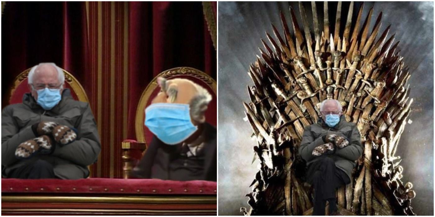 Two photoshopped images of Bernie Sanders, one where he is on the Iron Throne from Game of Thrones, and another where he is one of the old men in the balcony from The Muppet Show
