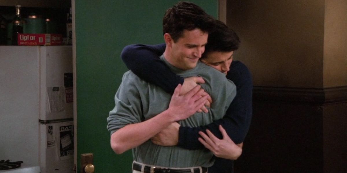 Chandler and Joey hug in &quot;The One Where Joey Moves Out&quot; in Friends