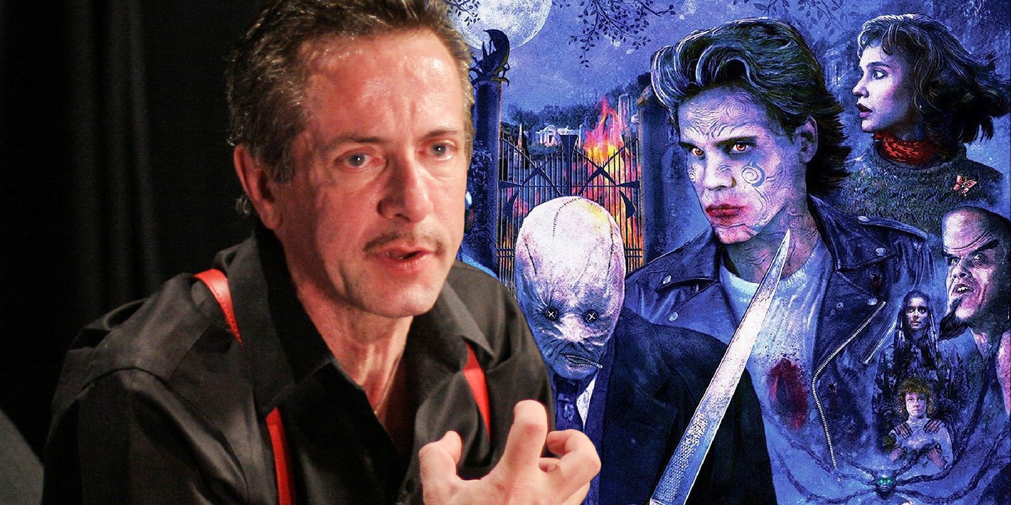 A image of Clive Barker is overlaid over artwork from the Nightbreed franchise.