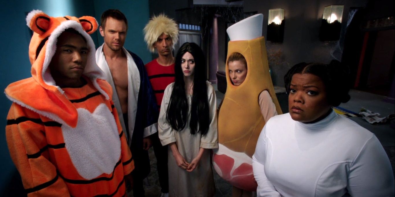 The study group in Halloween costumes in Community