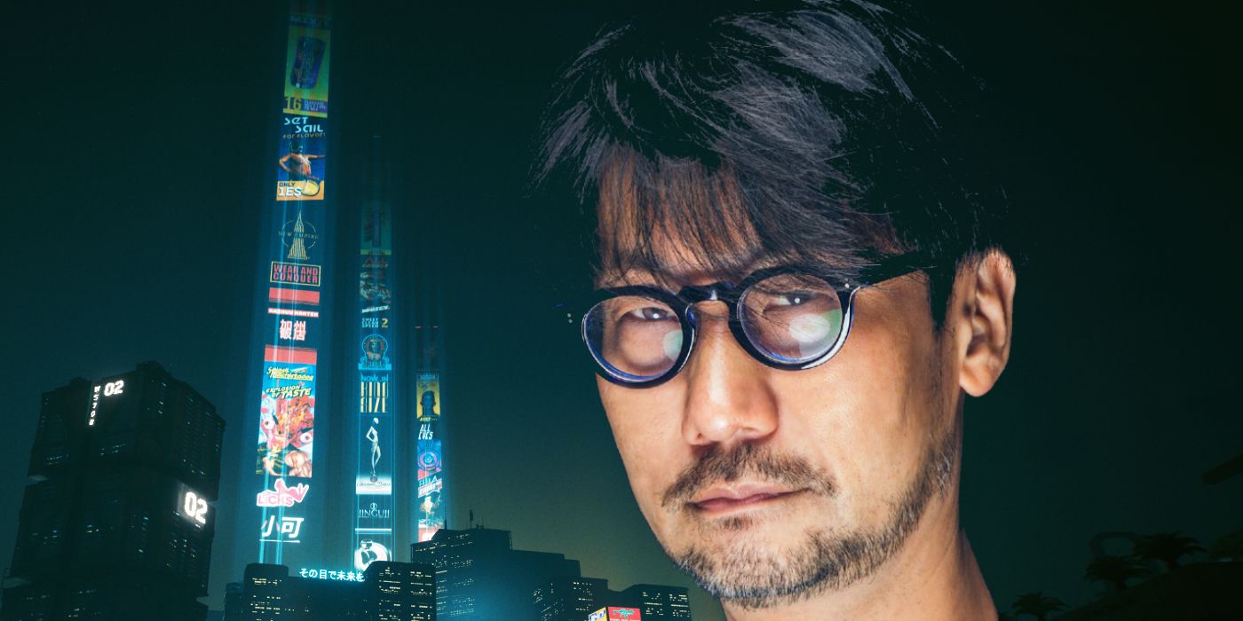 Um tiro na cabeça do renomado desenvolvedor de jogos Hideo Kojima, colocado sobre um fundo dos anúncios projetados no céu acima da Night City de Cyberpunk 2077.