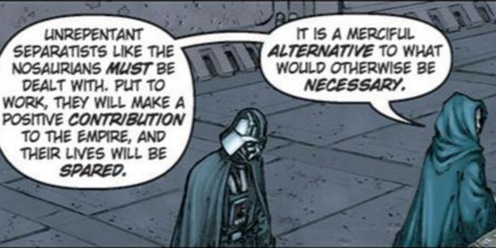 Star Wars Legends Darth Vader discussing Nosaurian slaves with Emperor Palpatine