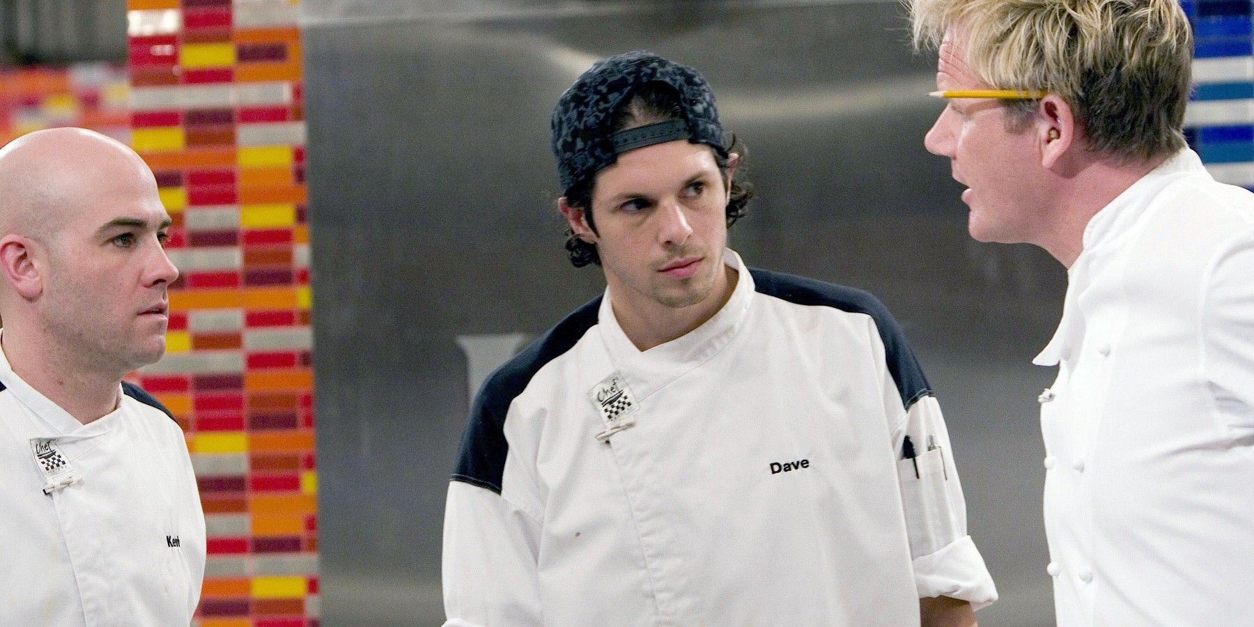 dave levey hell's kitchen talking to Chef Ramsay and another cast member