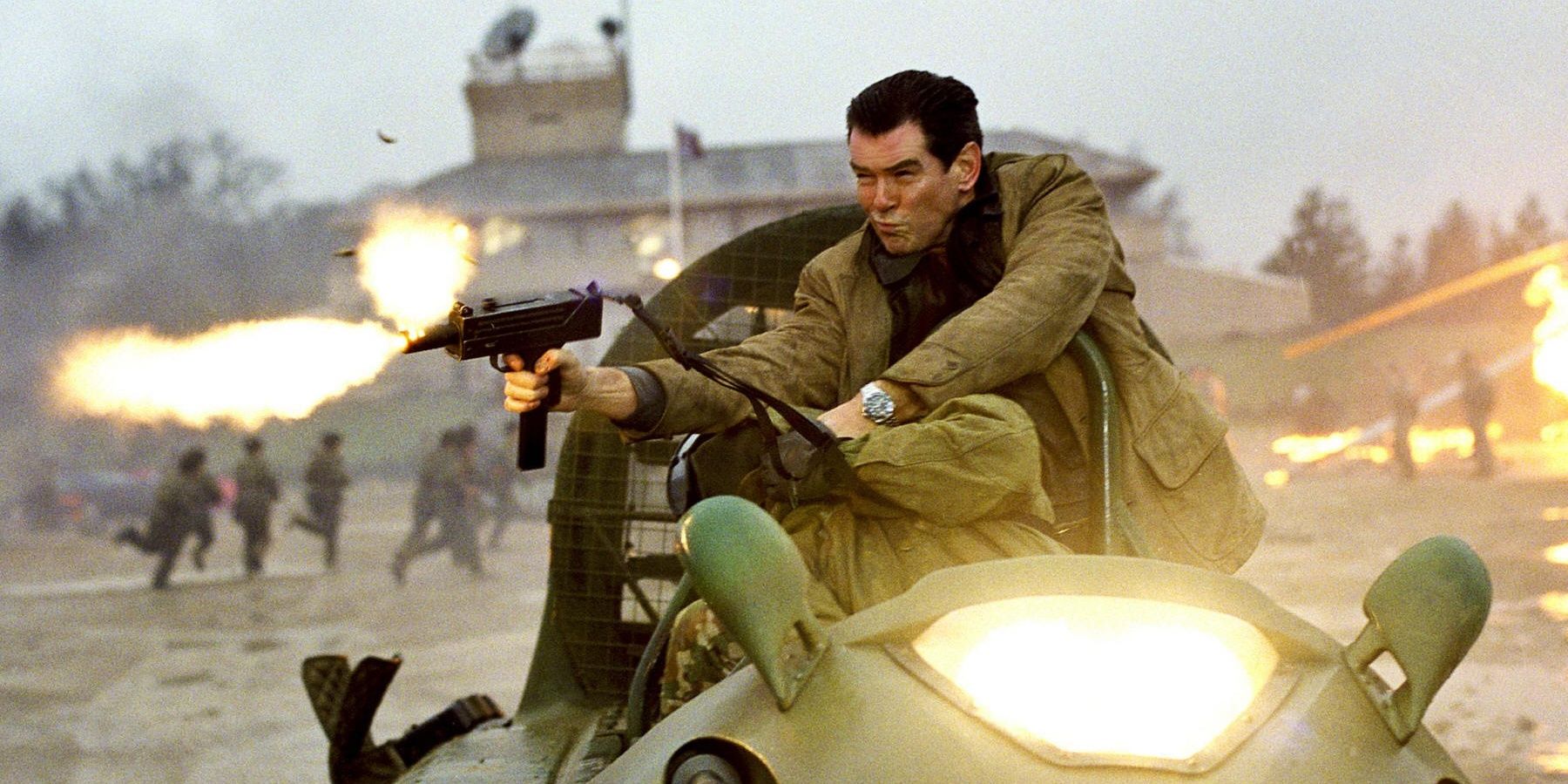 James Bond abaord a vehicle firing a gun in Die Another Day