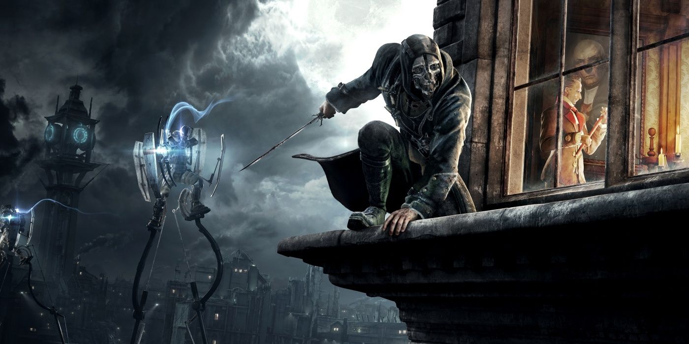 Corvo on a ledge with a mechanical monster behind him and a villain in the window in the video game, Dishonored