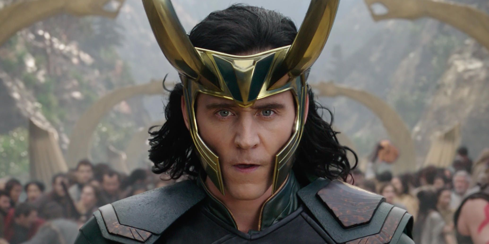A closeup of Lokis face wearing his horns