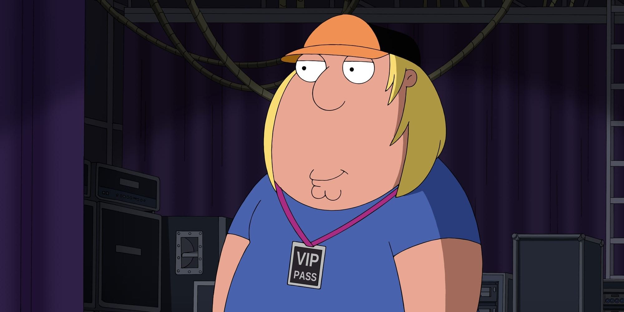 Seth Green character Chris Griffin Family Guy wearing a VIP pass and orange hat
