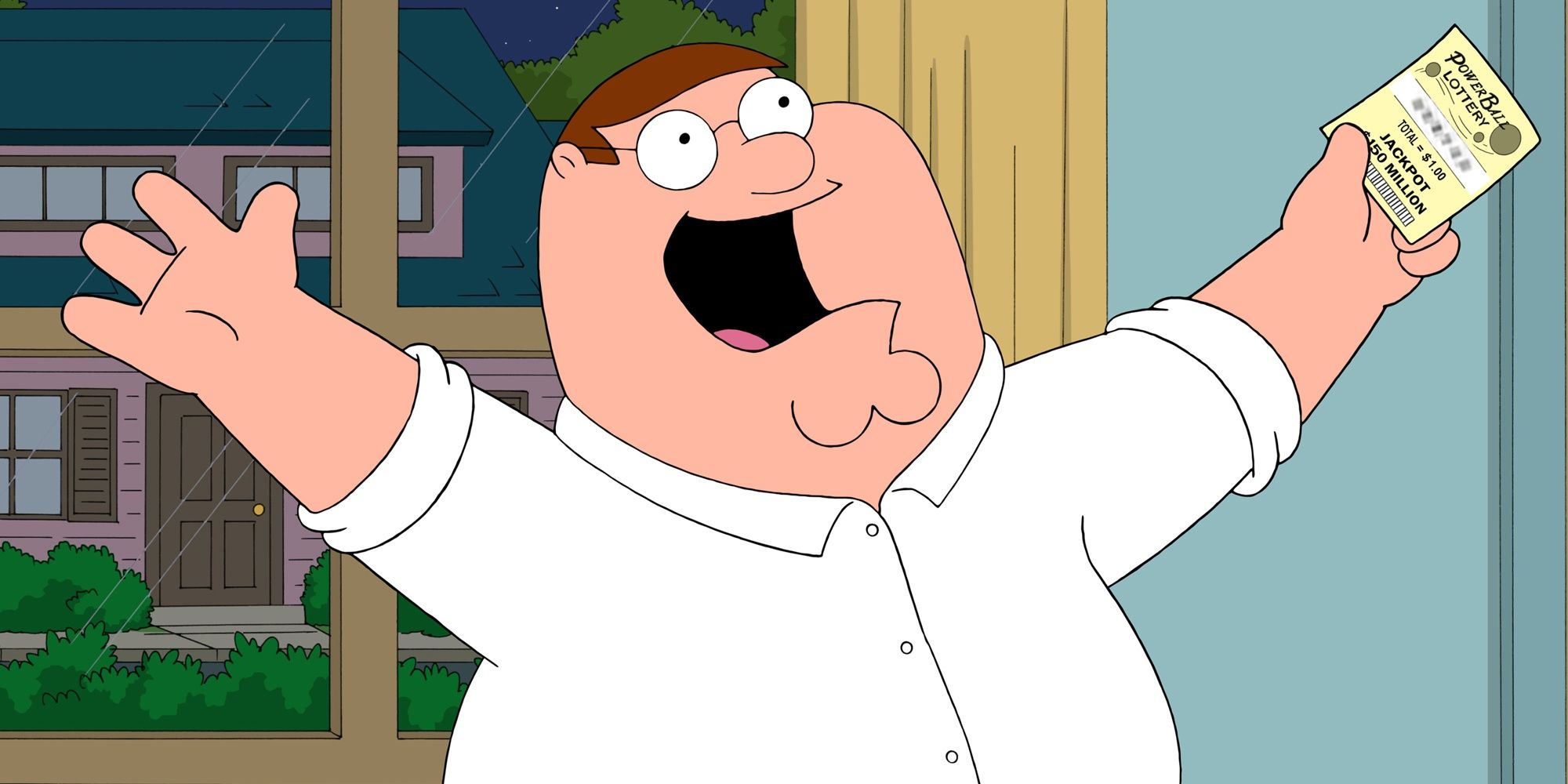 Peter Griffin opens ip his arms in happiness in Family Guy