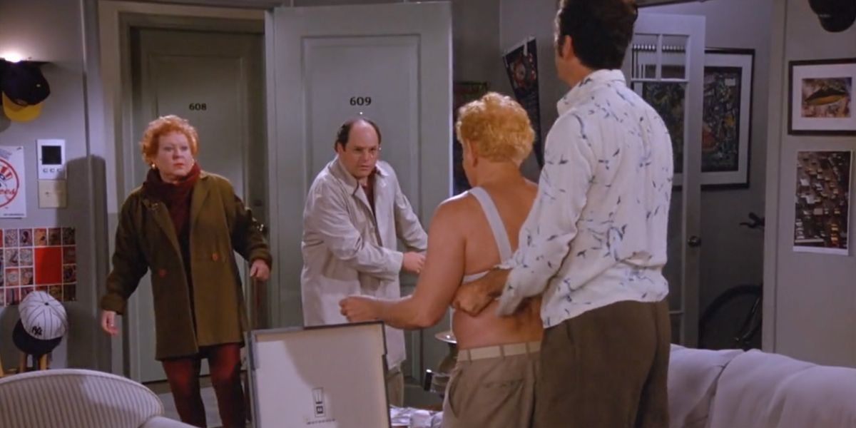 Estelle and George see Frank wearing a brassiere in Seinfeld
