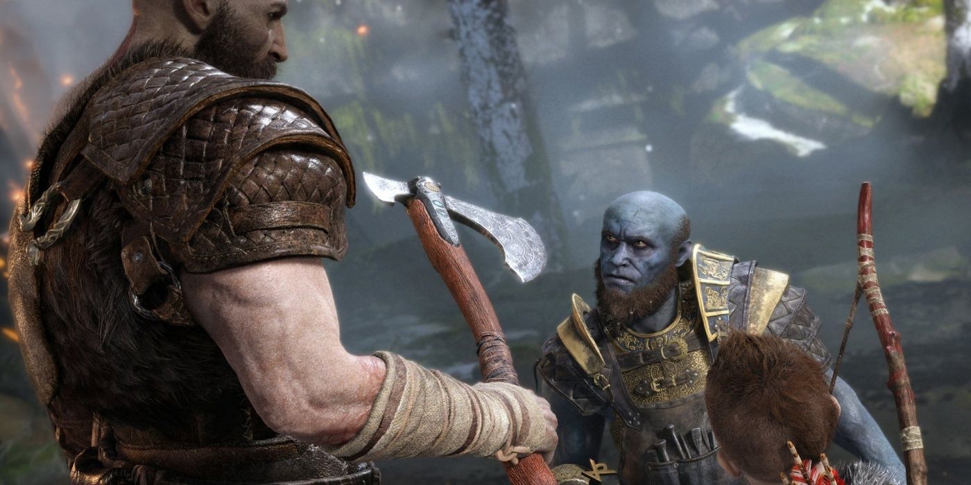 god of war leviathan axe with Kratos, Brok, and Atreus