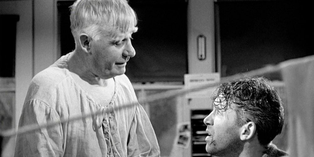 Clarence looks down at George in It's a Wonderful Life