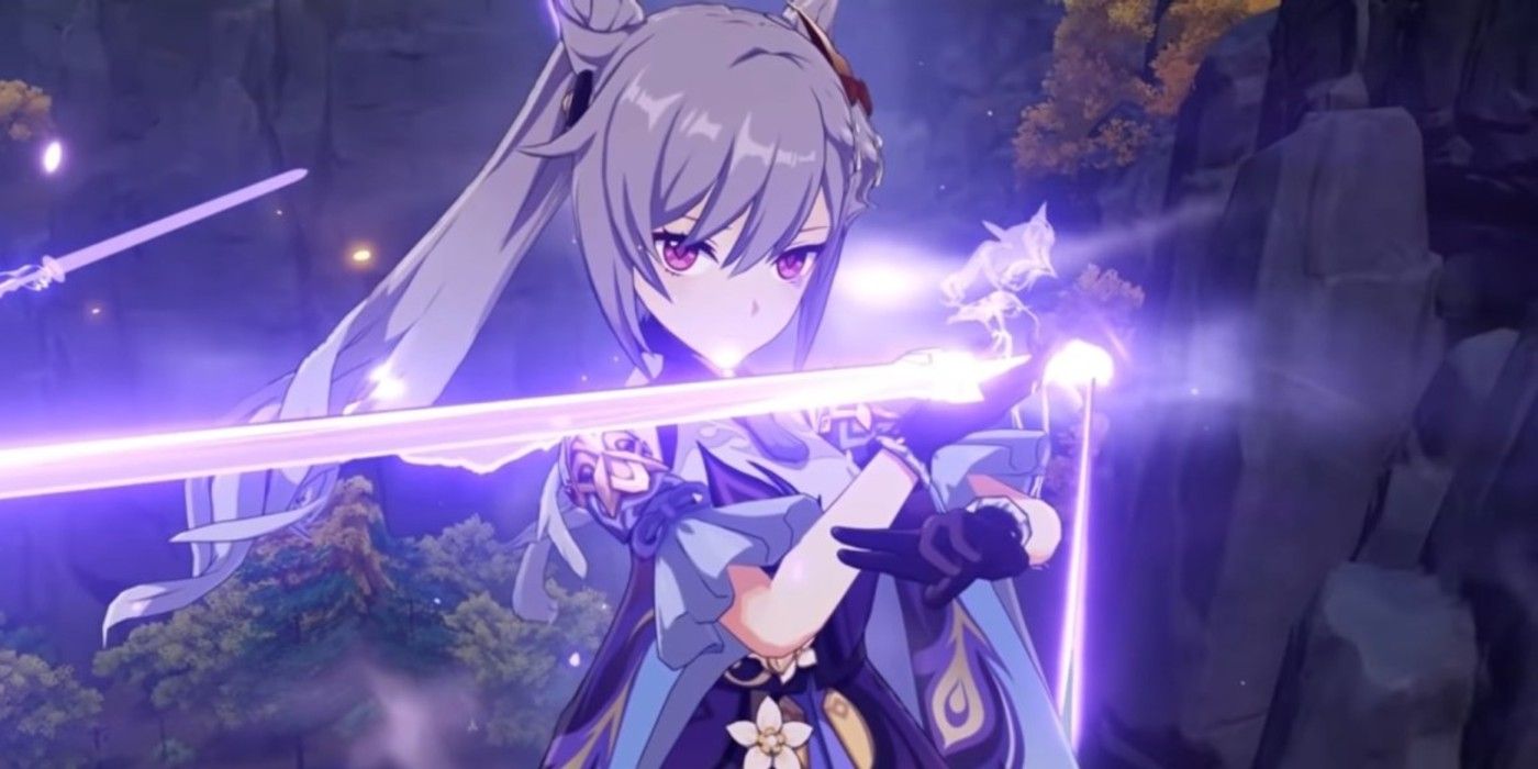 Keqing wields a purple sword in Genshin Impact.