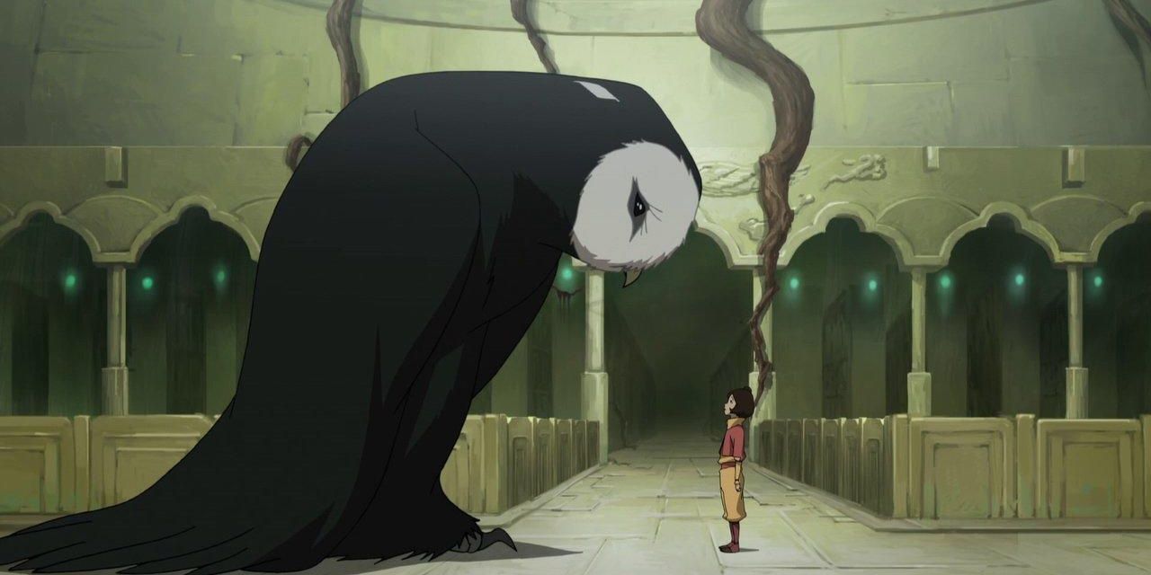 A giant owl looks down at someone in TLoK