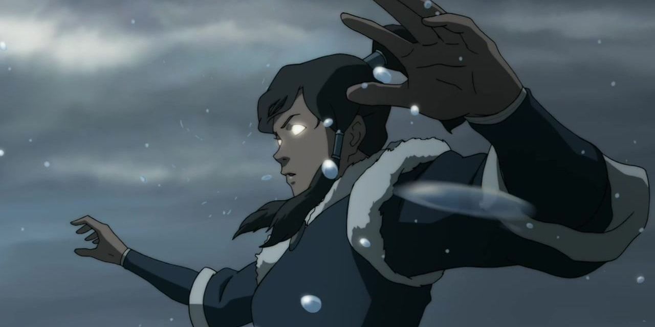 Korra using her powers as snow falls in The Legend of Korra.