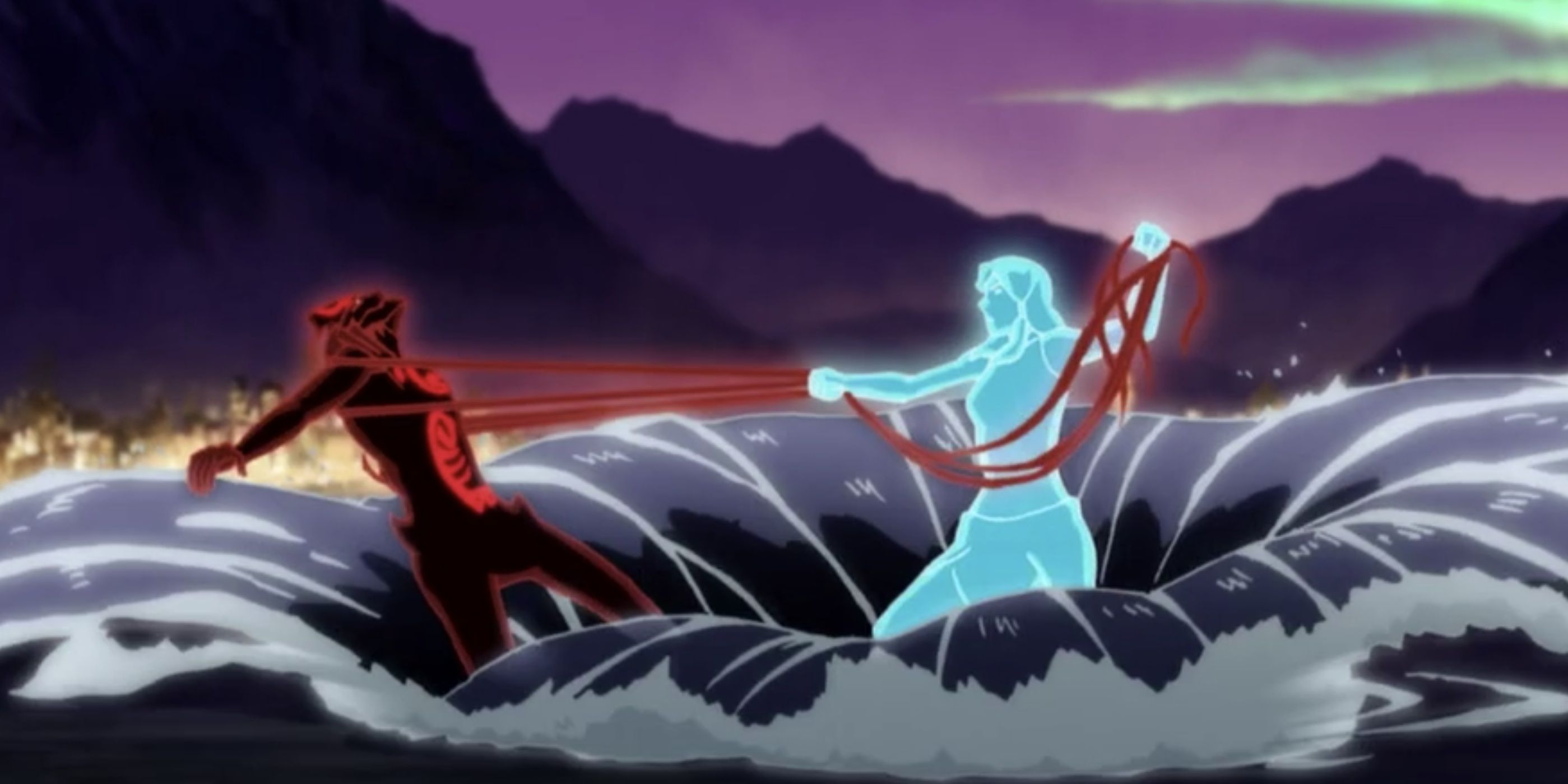 Spirit Korra fighting a dark figure in the sea in The Legend of Korra.