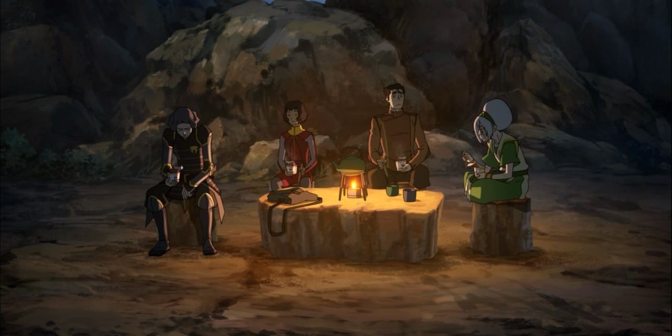 Lin, Opal, Bolin and Toph sit at a rock in the legend of Korra