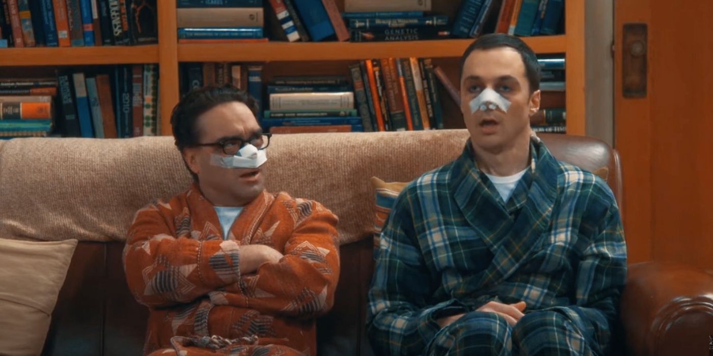 leonard and sheldon both recovering after nose surgeries on the Big Bang theory