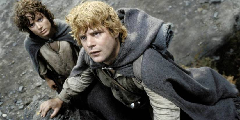 Frodo and Sam looking up in fear in The Lord of the Rings. 