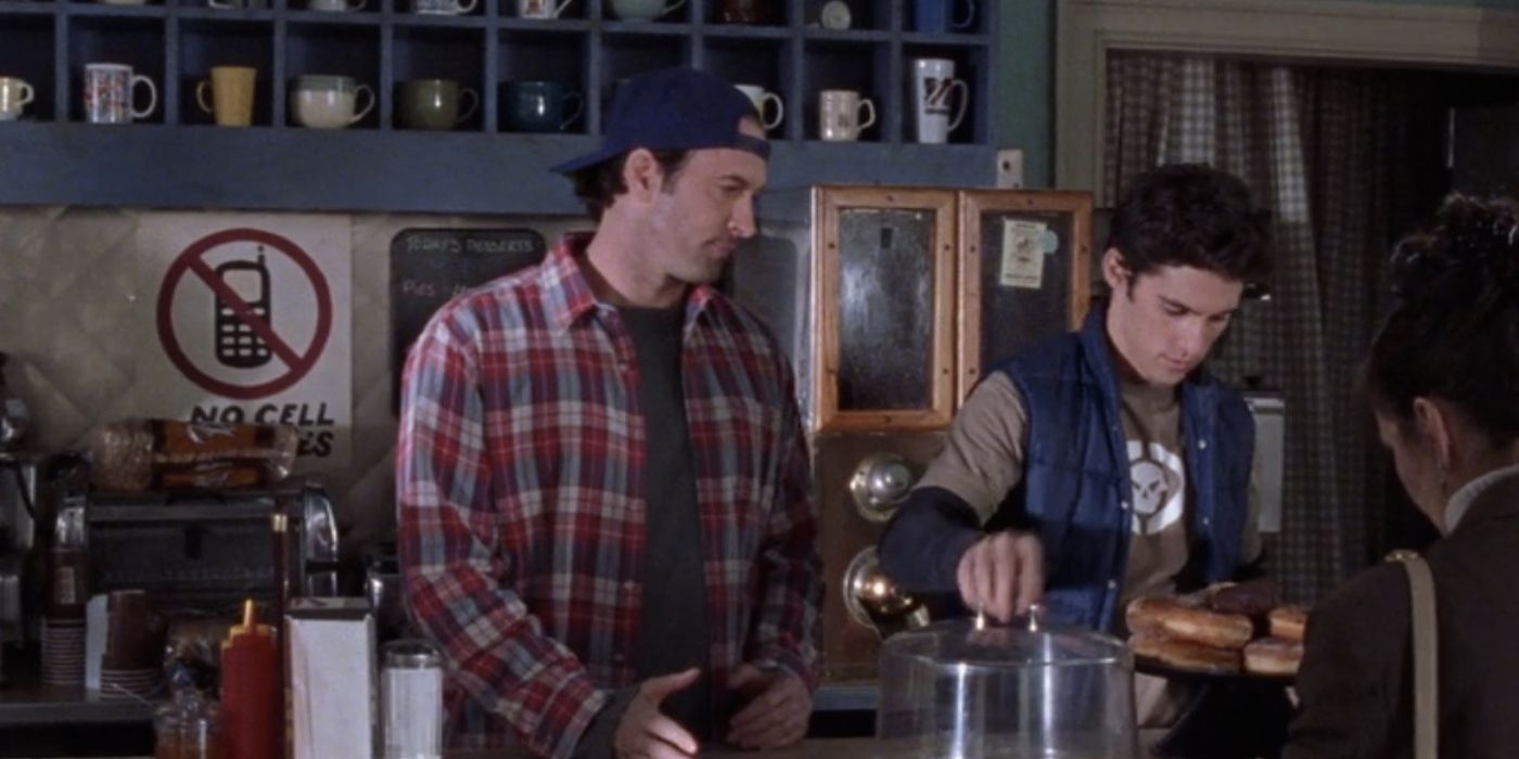 Luke and Jess behind the counter at Luke's diner on Gilmore Girls