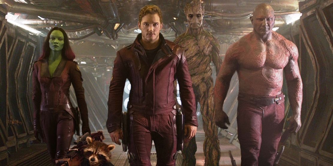 Gamora, Rocket, Quill, Groot, and Drax walking together