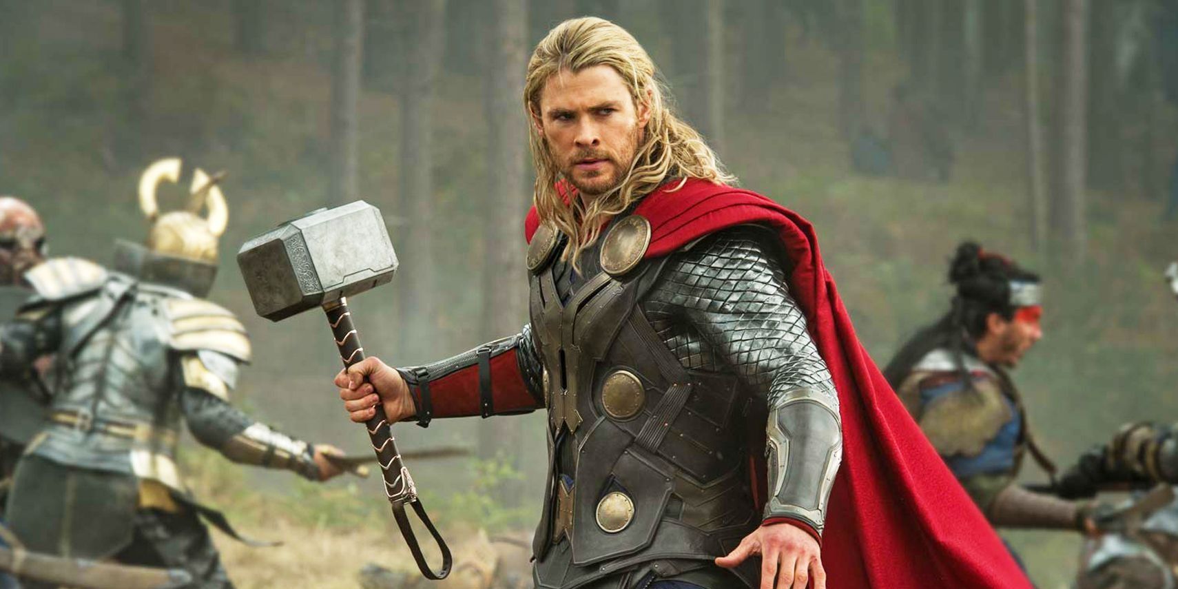 Thor holding Mjolnir in battle