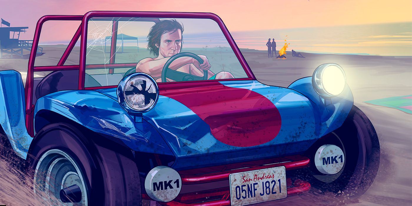 Artwork depicting a character in GTA Online driving a dune buggy on the beach