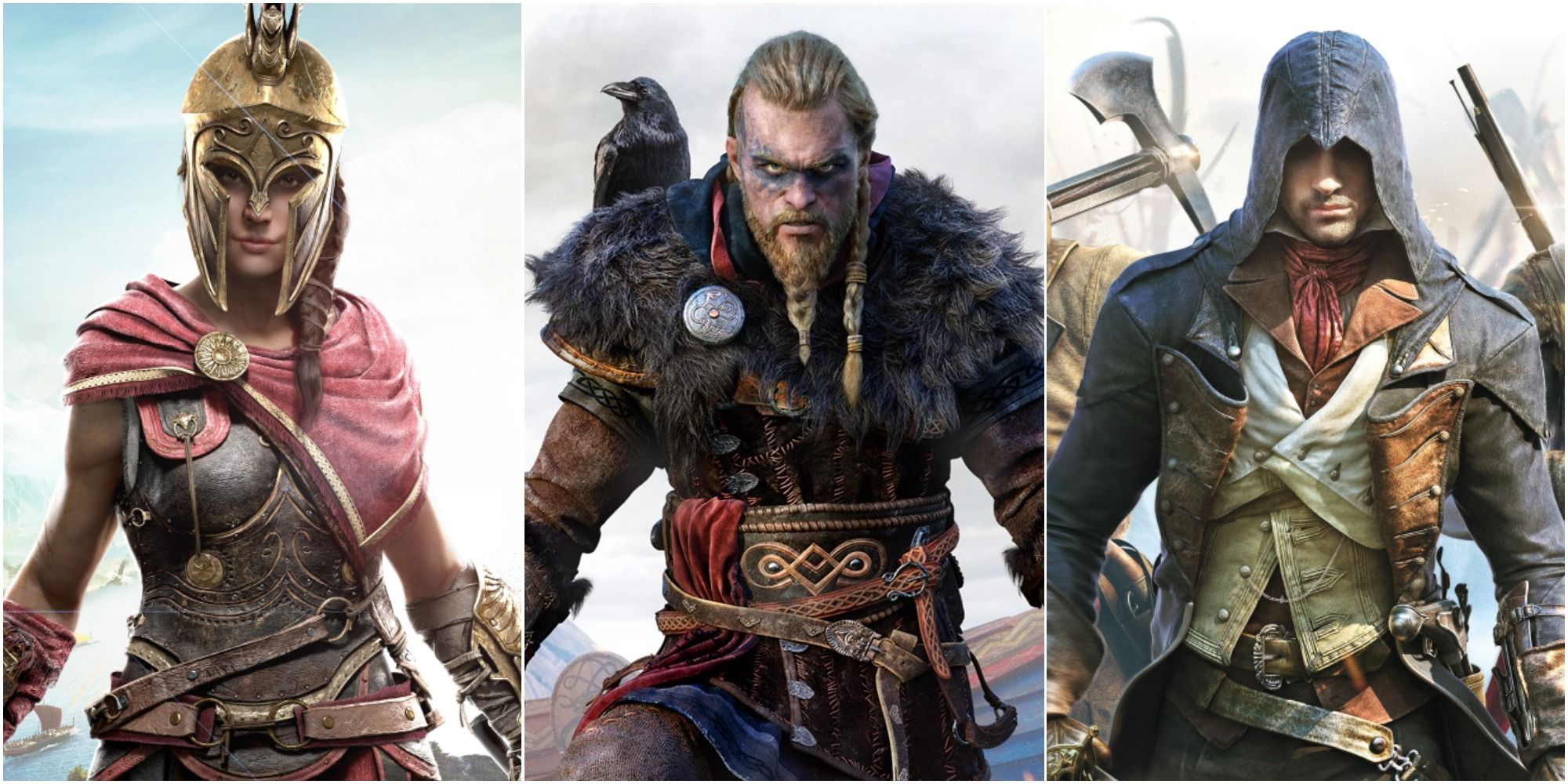 A split screen image showing three different protagonists from the Assassin's Creed series