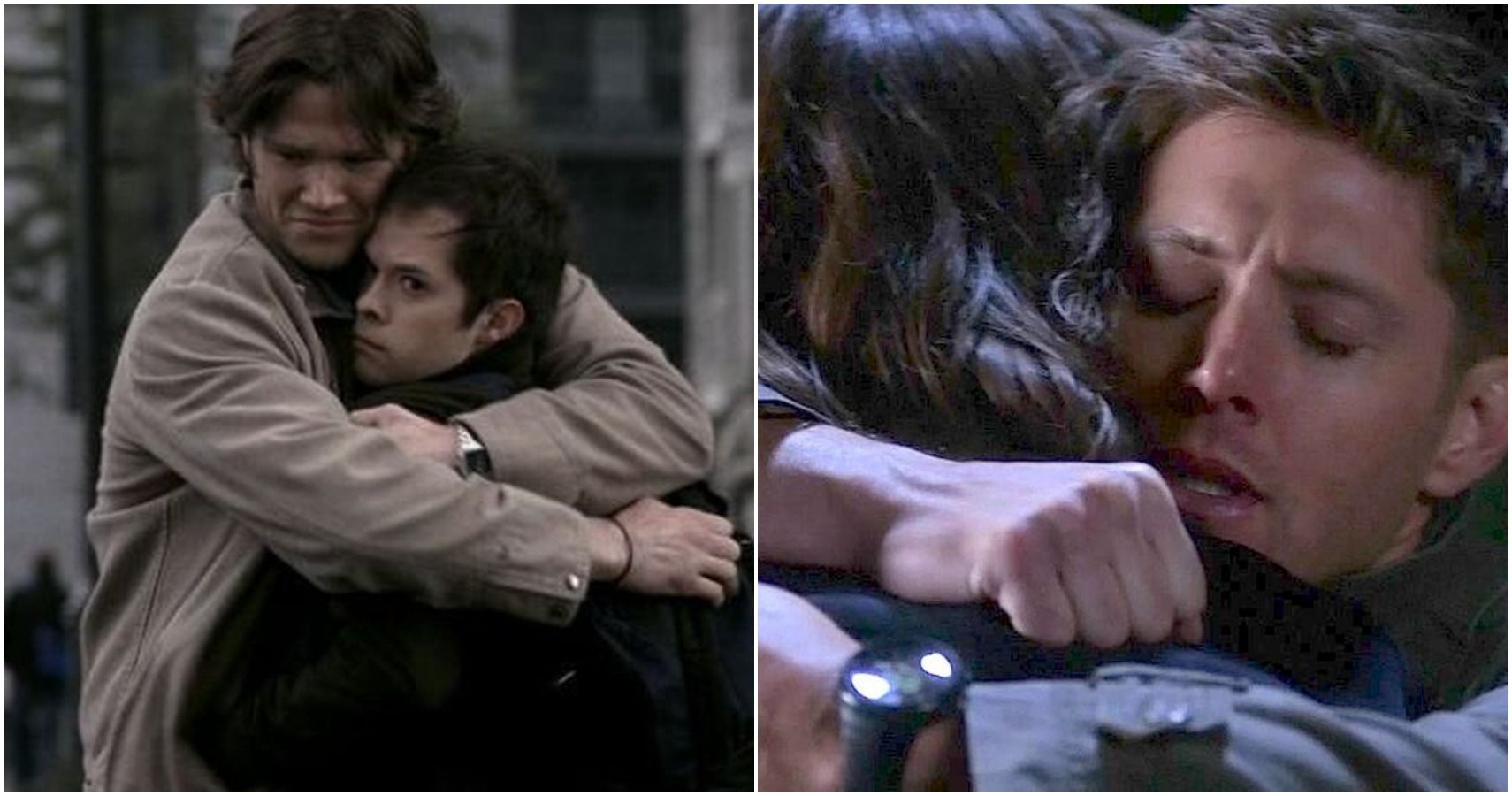 Sam hugging college kid on left, Dean hugging Sam on right in Supernatural split image