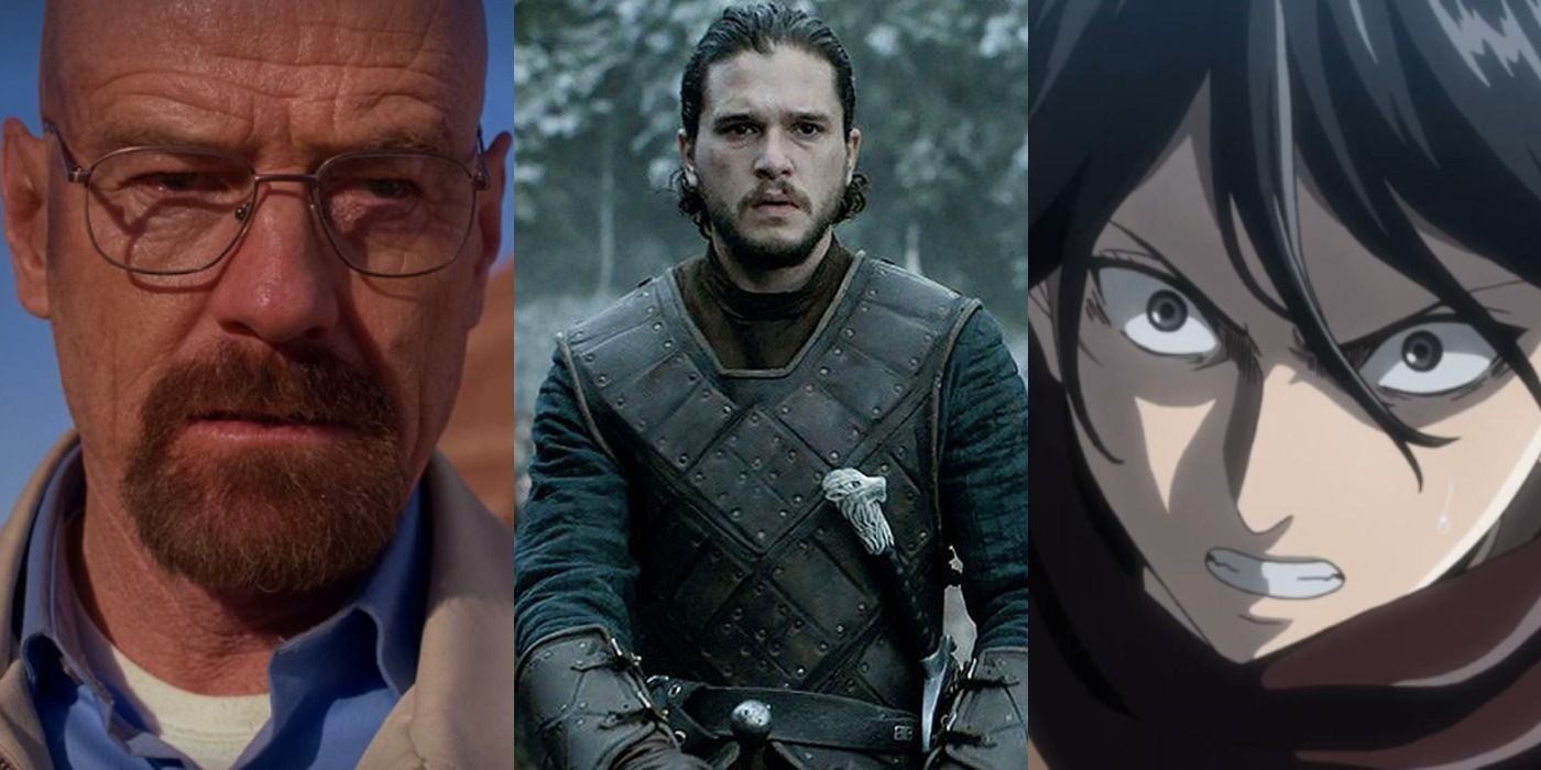 Stills from the television series Breaking Bad, Game of Thrones, and Attack on Titan.