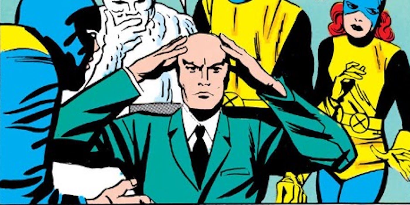 Professor X puts his hands on his head to use his power with the X-Men behind him in a Marvel comic.