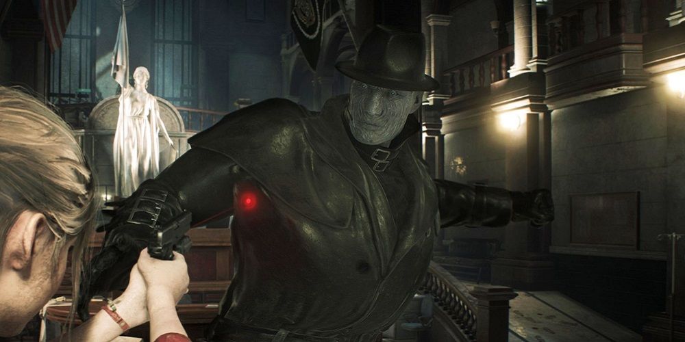 Mr X appearing in front of the player in Resident Evil 2