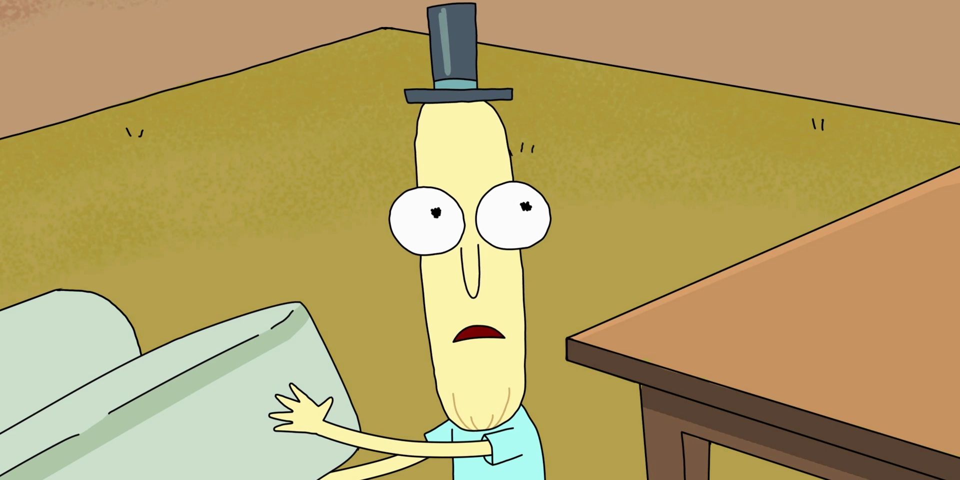 Mr- Poopybutthole looking confused and holding something in Rick and Morty