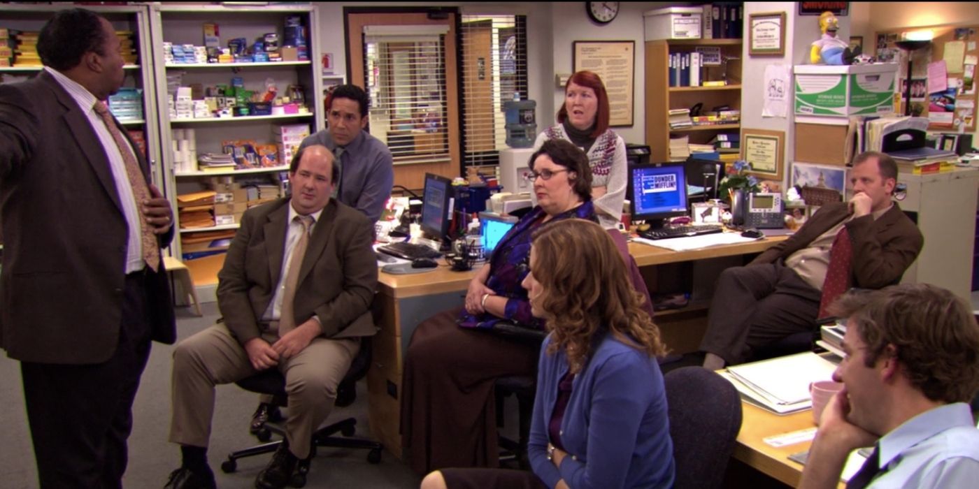 Stanley talking to the group on The Office.