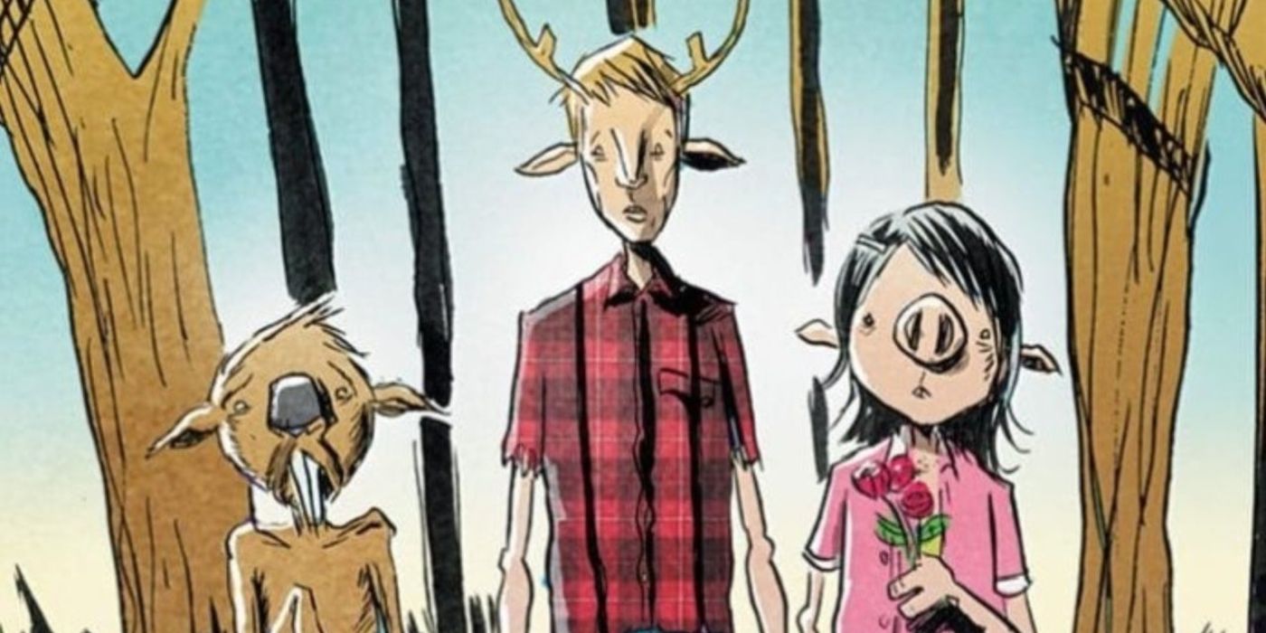 Booby, Gus, and Wendy in the woods in Sweet Tooth comics