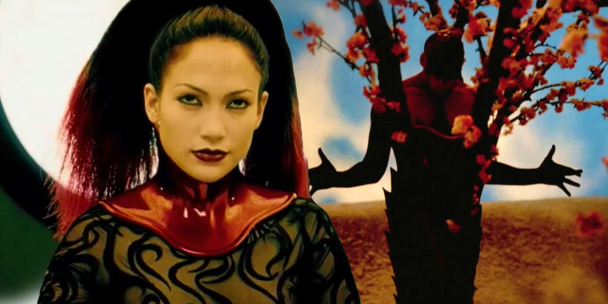 Two scenes from The Cell blended; Jennifer Lopez in full costume
