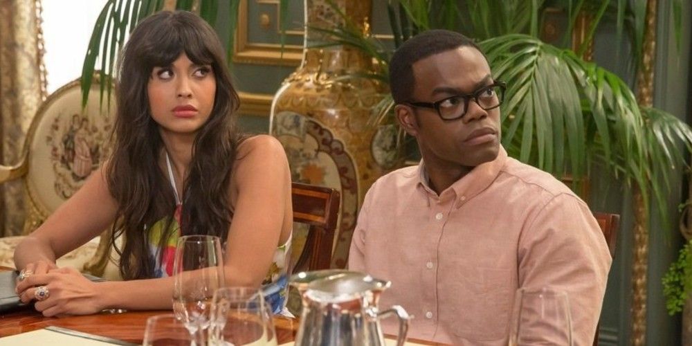 Tahani and Chidi sitting together in The Good Place