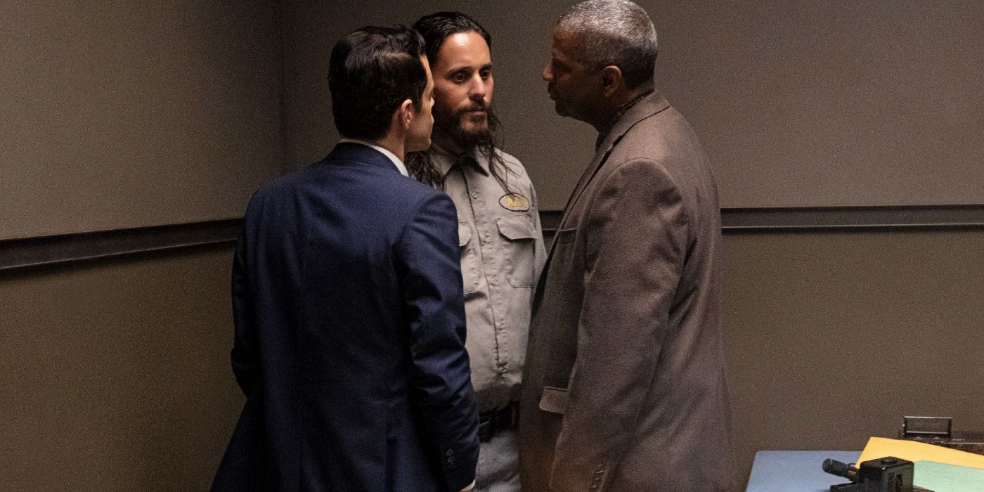 Deacon (Denzel Washington) and Baxter (Rami Malek) interrogating Sparma (Jared Leto),  in The Little Things