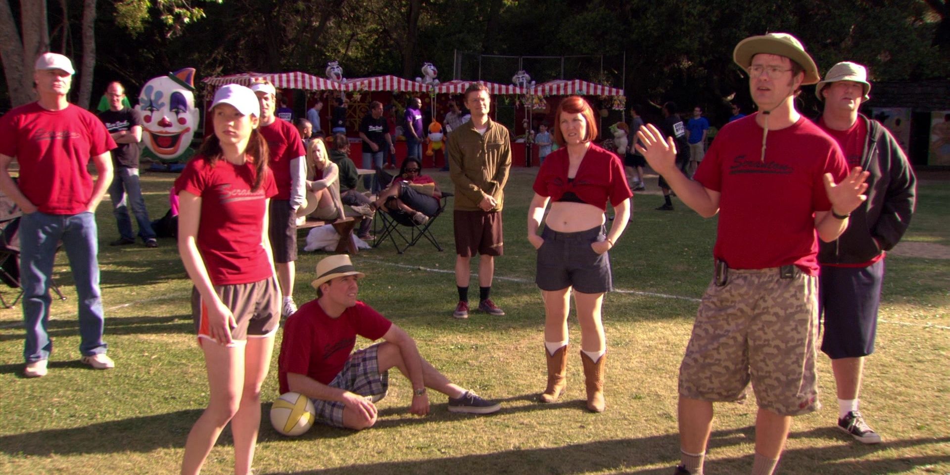 Pam, Dwight, Meredith, and Kevin stand around waiting to play volleyball in the park in The Office