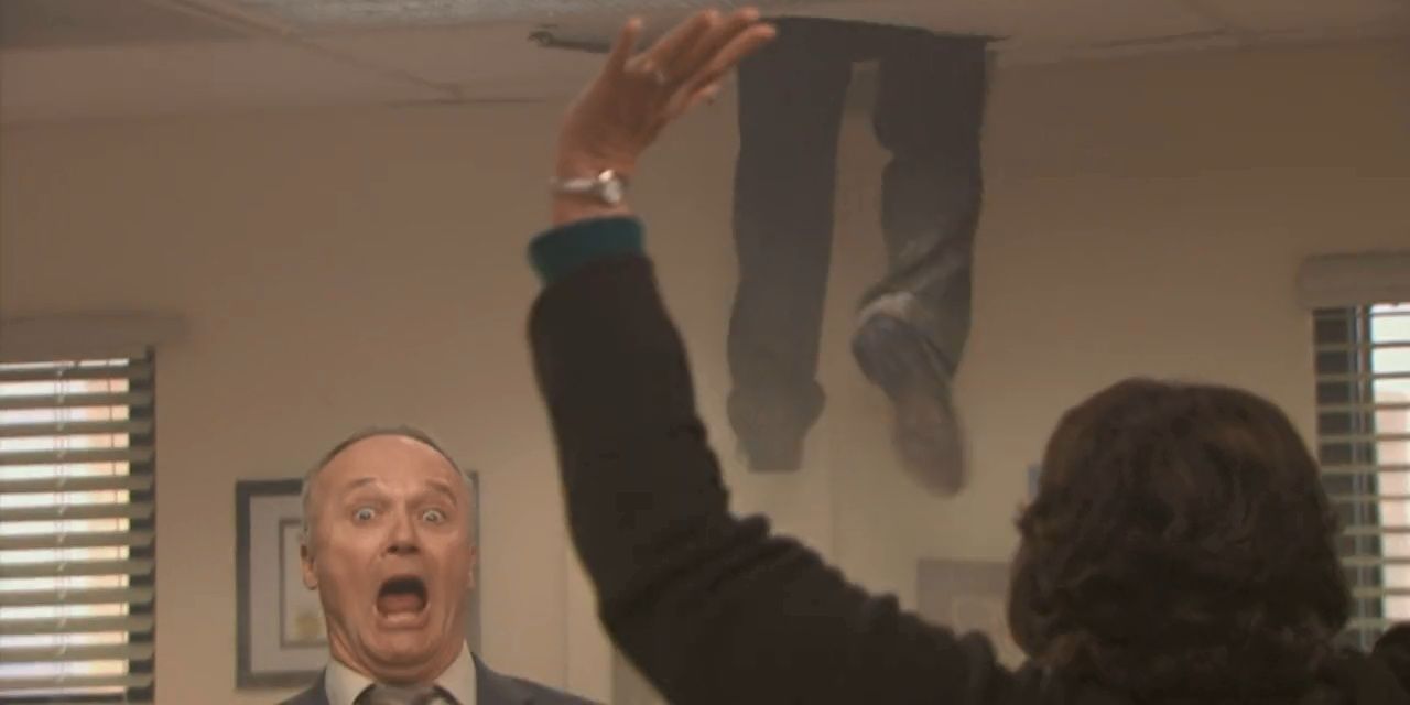 Oscar crashes through the ceiling and Creed screams in The Office