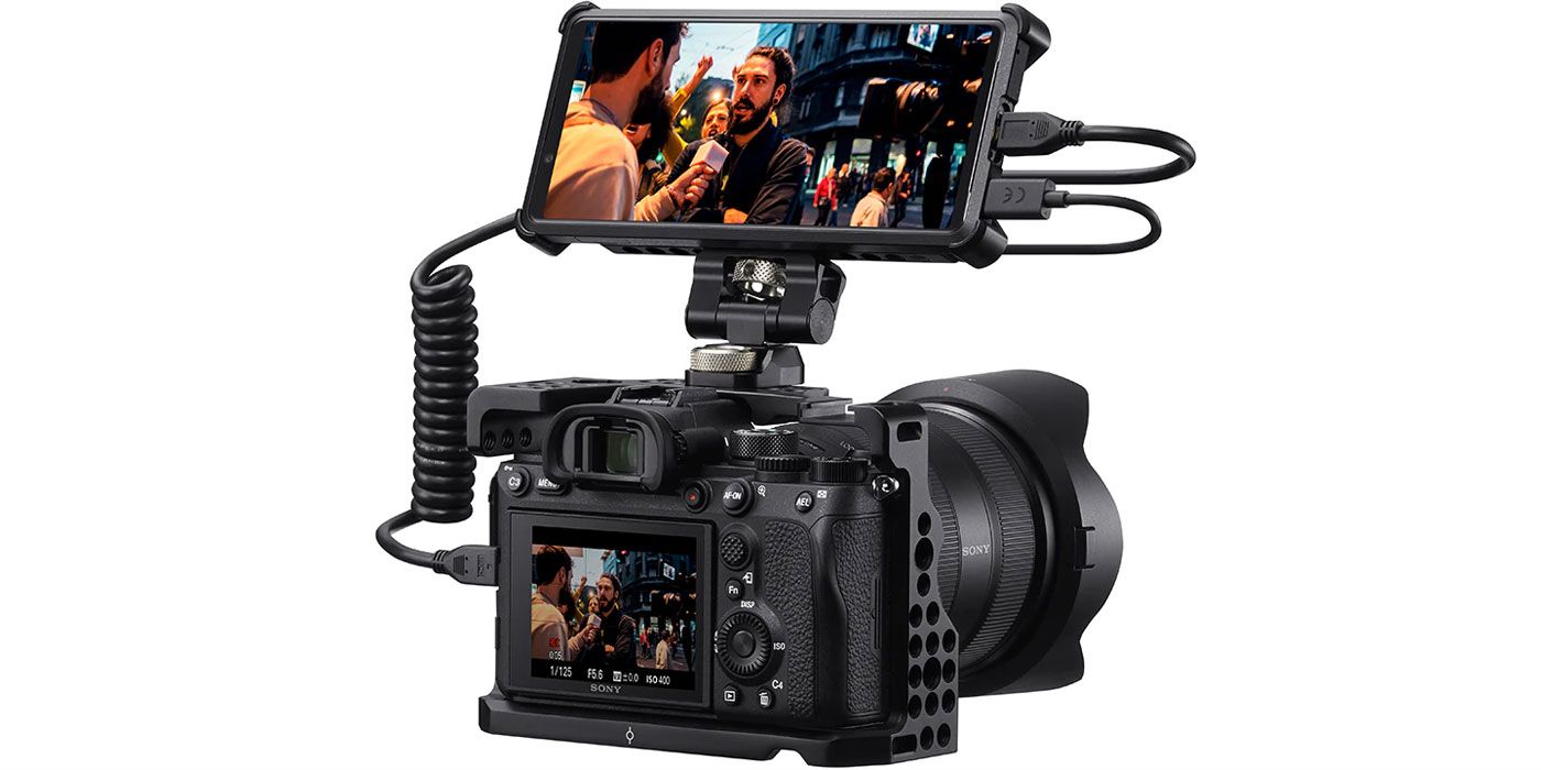A Sony Xperia Pro 5G attached to a DSLR camera