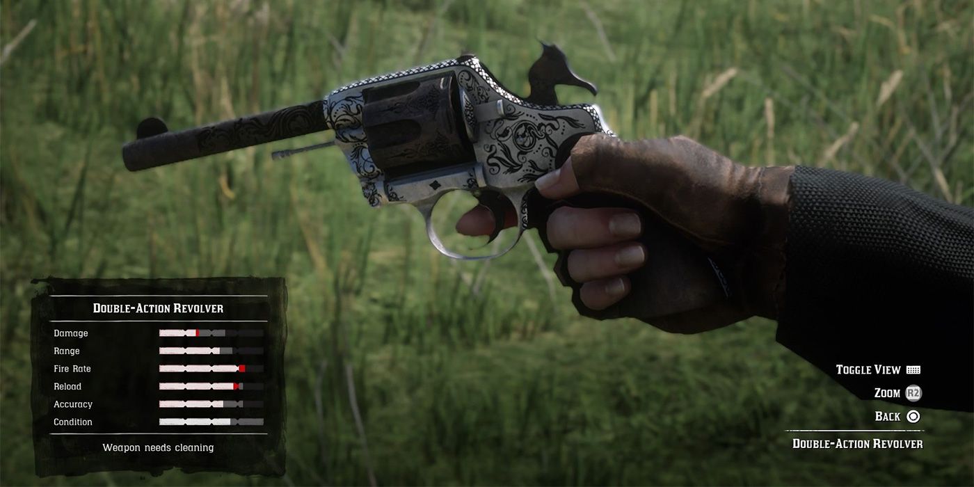 A Double-Action Revolver in Red Dead Redemption 2, being inspected.